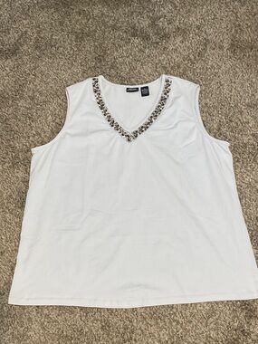 Norton McNaughton Pale Blue V-Neck Top with Silver Embroidered & Beaded Trim 2X